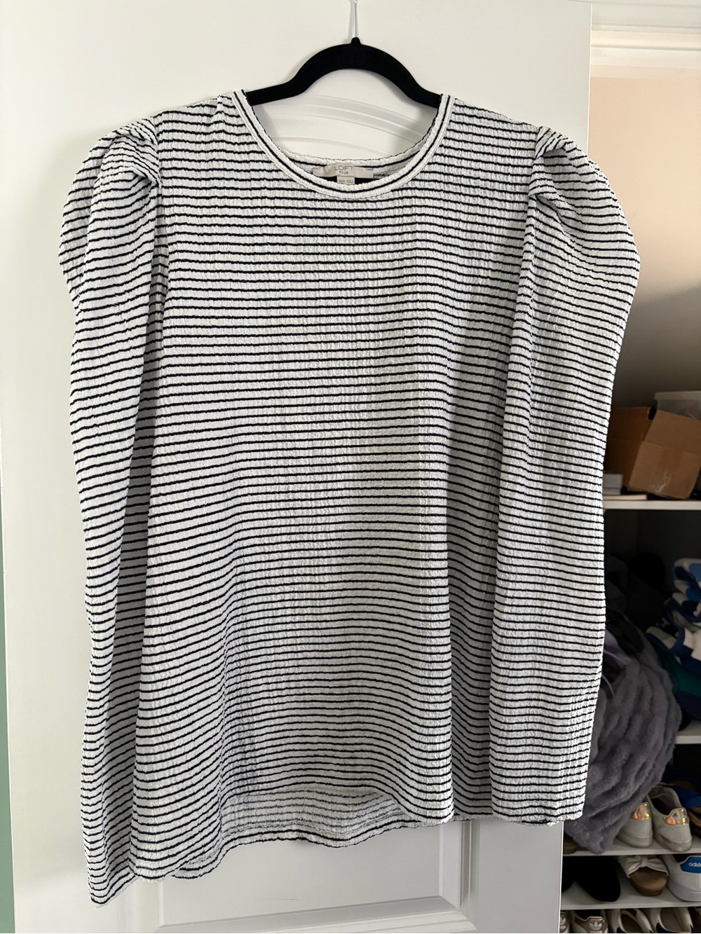 LOFT Black and White Striped Puff Sleeve Dress